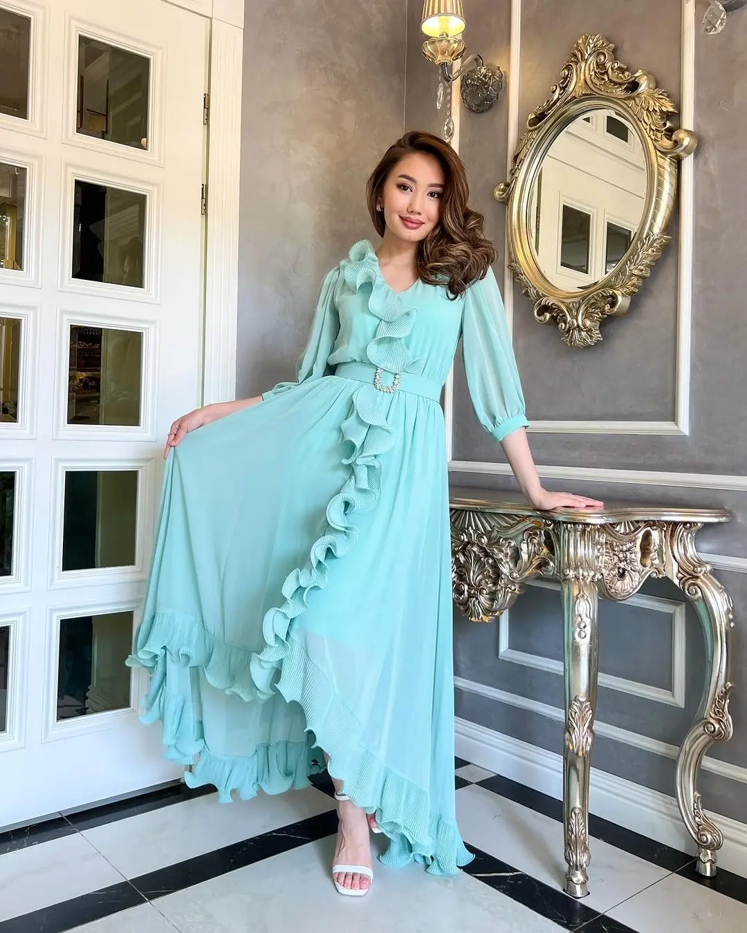 Fashionvane Prom Dresses 2023 V Neck Ruffles A Line Chiffon Graduation Party Birthday Dress Three Quarters Evening Formal Gowns