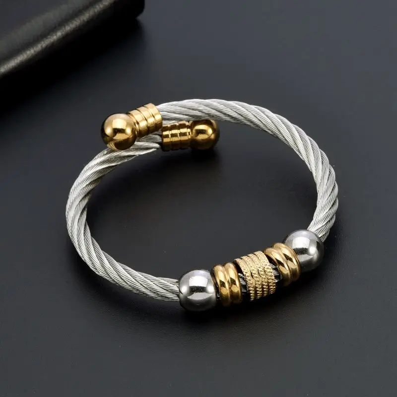 New Fashion Stainless Steel Open Men Male Cuff Crystal Bangles Trendy Mesh Surface Strand Beads Sporty Bracelets