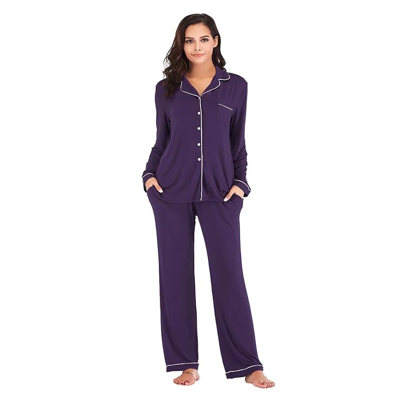 

2pcs Set Pajama Set, Women's Long-sleeved Shirt and Long Pants Two-piece Set, Solid Color Soft and Comfortable Pajama Set