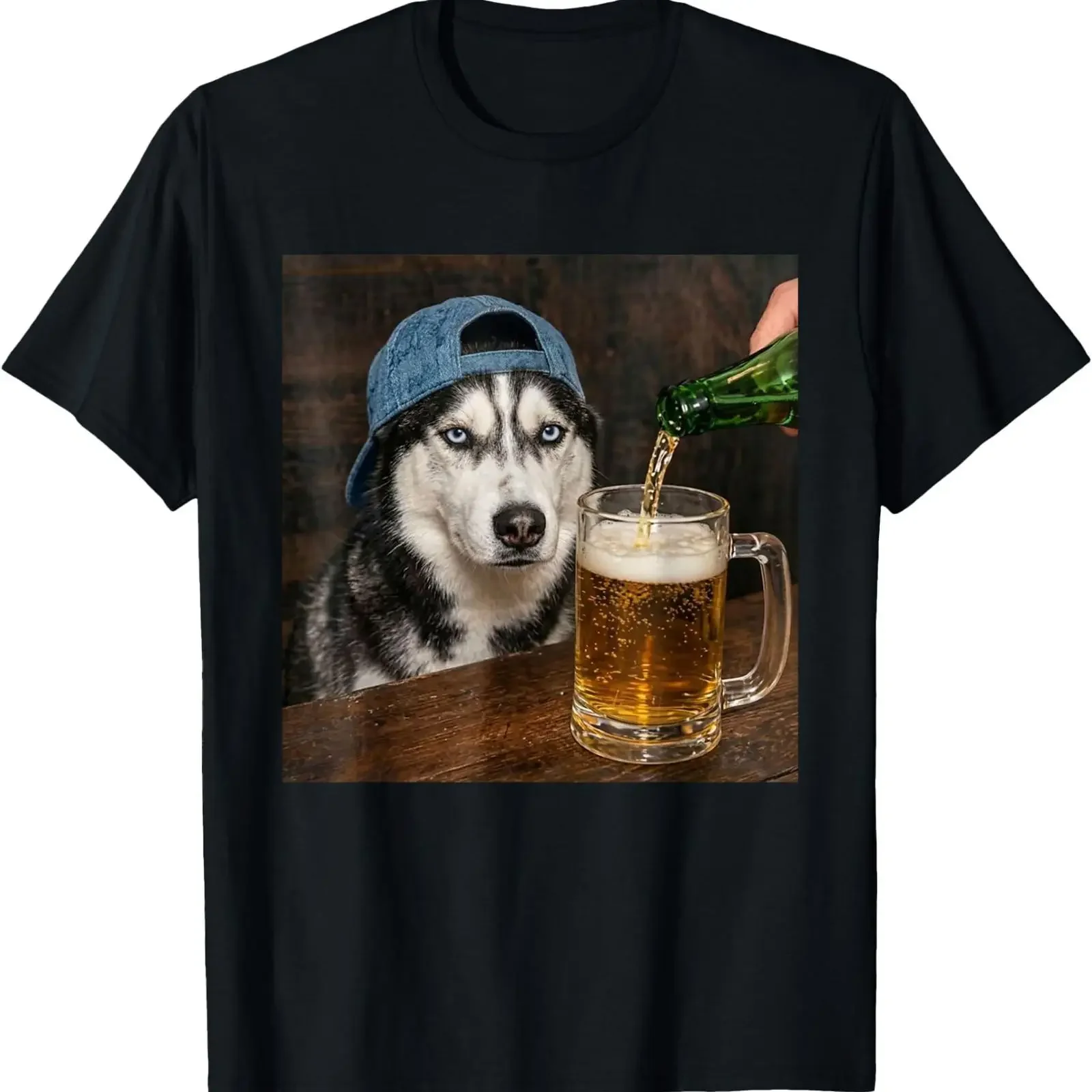Husky trinkt Bier Lustiges Siberisches Hundememe T-Shirt Vintage-Waschung Unisex Leicht Designer-Kleidung Grafik Vielseitig Weich