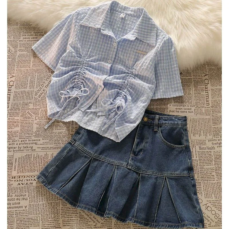 

Dress Sets Two Piece Sets Women Outfits Sweet Korean Style Striped Short Sleeve Cropped Shirt and Denim Pleated Skirts for Women