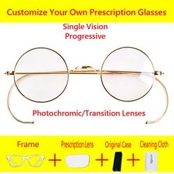 Customize Prescription Glasses - 39mm Small Round Wire Rim Glasses Frame with Photochromic Progressive Myopia Aspheric Lenses
