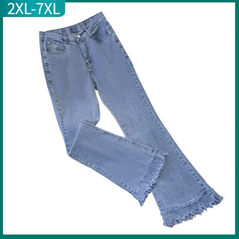 

Plus Size Flared Y2K Jeans For Women Large Slim Elastic Cotton Blue Tassel Denim Trousers Big 3XL 4XL 5XL 6XL 7XL Clothing