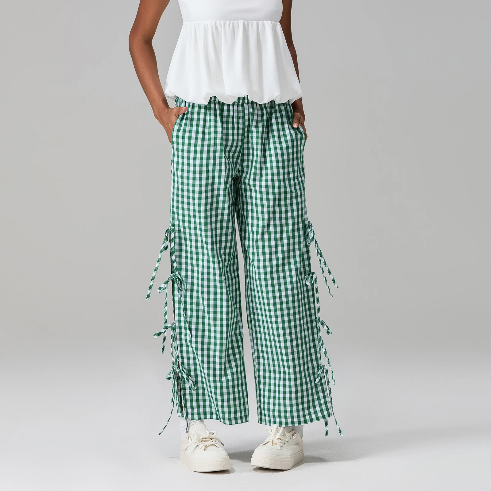 Women Wide-Leg Pants Plaid Side Tie-Up Loose Trousers Spring Summer Casual Sweatpants Casual Bottoms Pants