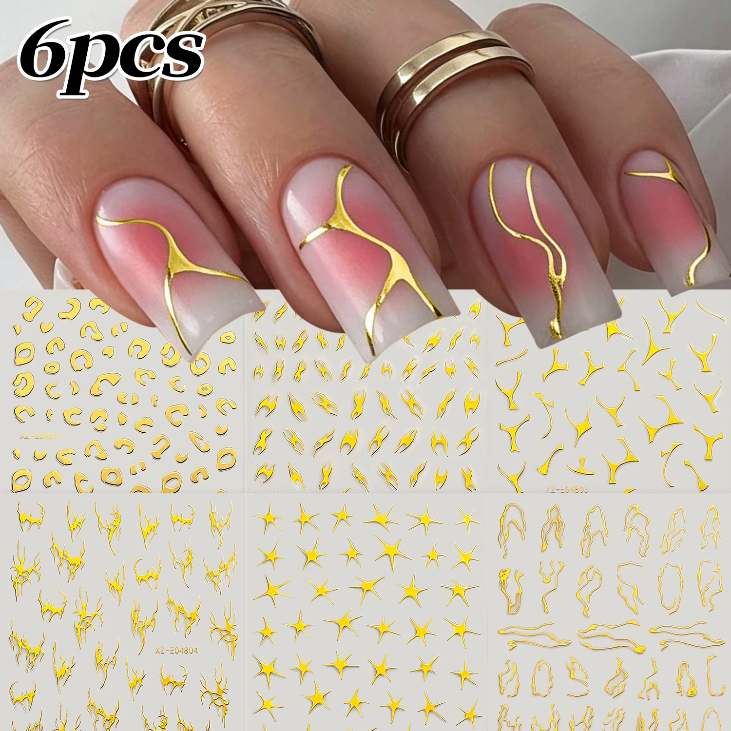6 Stück 3D Metallic Silber Nagelaufkleber Unregelmäßiges Leoparden-/Stern-/Kurvenlinien-Design Nagelkunst-Abziehbilder Y2K Abstrakte Linien Maniküre-Dekoration