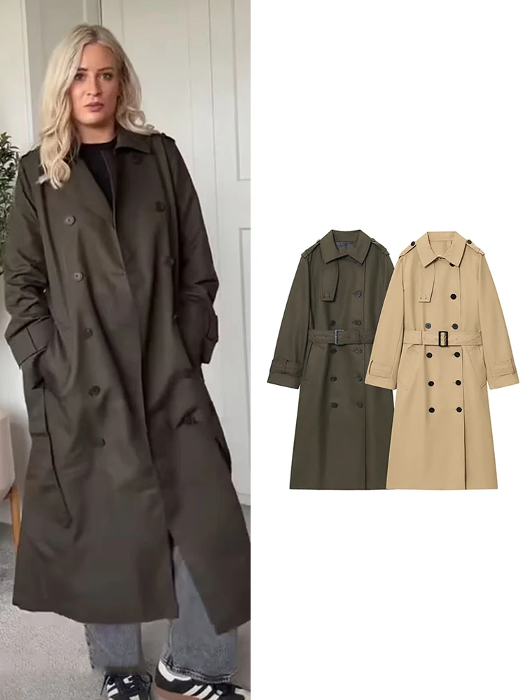 

TFMLN New Women Loose Midi Length Trench Coats Fashion Elegant Double Breasted Belt Windbreaker Coat Casual Street Coats