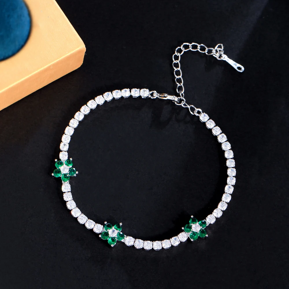 CWWZircons Beautiful Blue Green Cubic Zirconia Flower Charm Tennis Bracelets for Women Summer Party Engagement Jewelry CB344