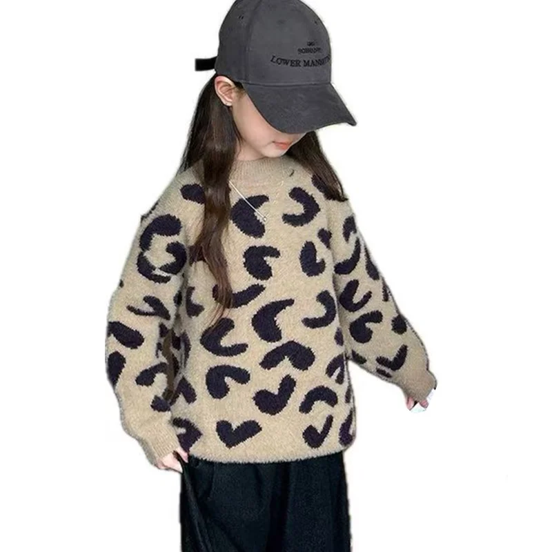 

Fashion Children's Leopard Print Wool Sweater For Girls High Street Knitwear Outerwear Teenager Kids Slim Knitted Clothes Outfit