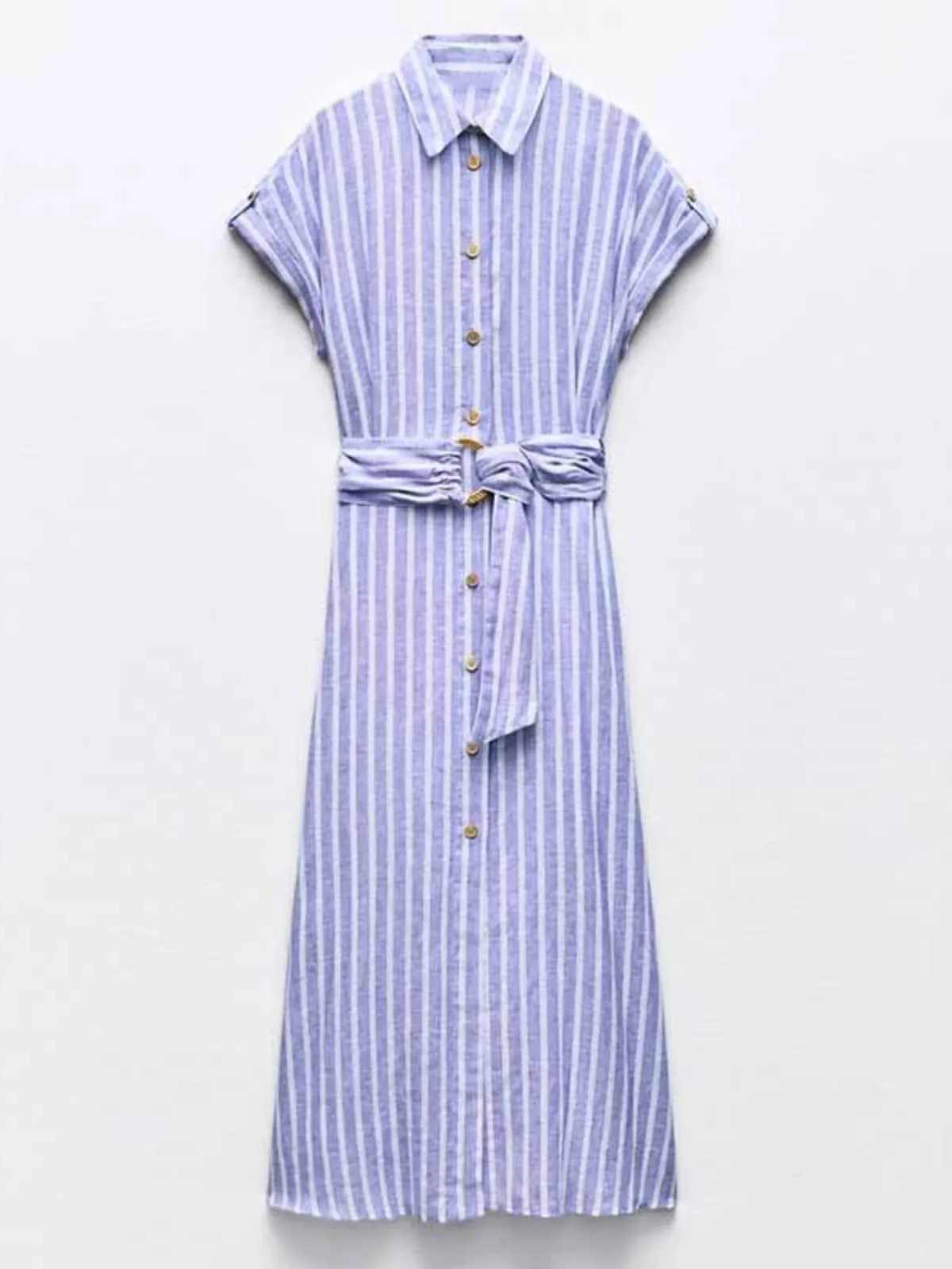 Robe rayée en mélange de lin, nouveau Style d'été pour femmes, Style chemise à revers, robe décontractée à manches courtes avec ceinture