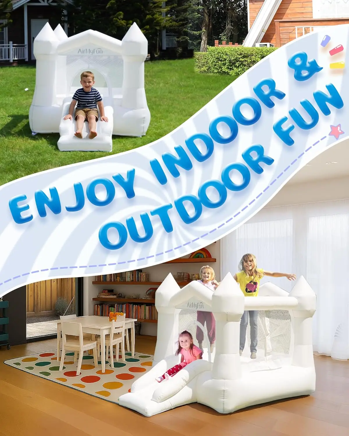 Casa de rebote blanca para niños de 3 a 8 años, casa de rebote con tobogán, casa de rebote inflable para interiores y exteriores con soplador de aire, castillo de salto
