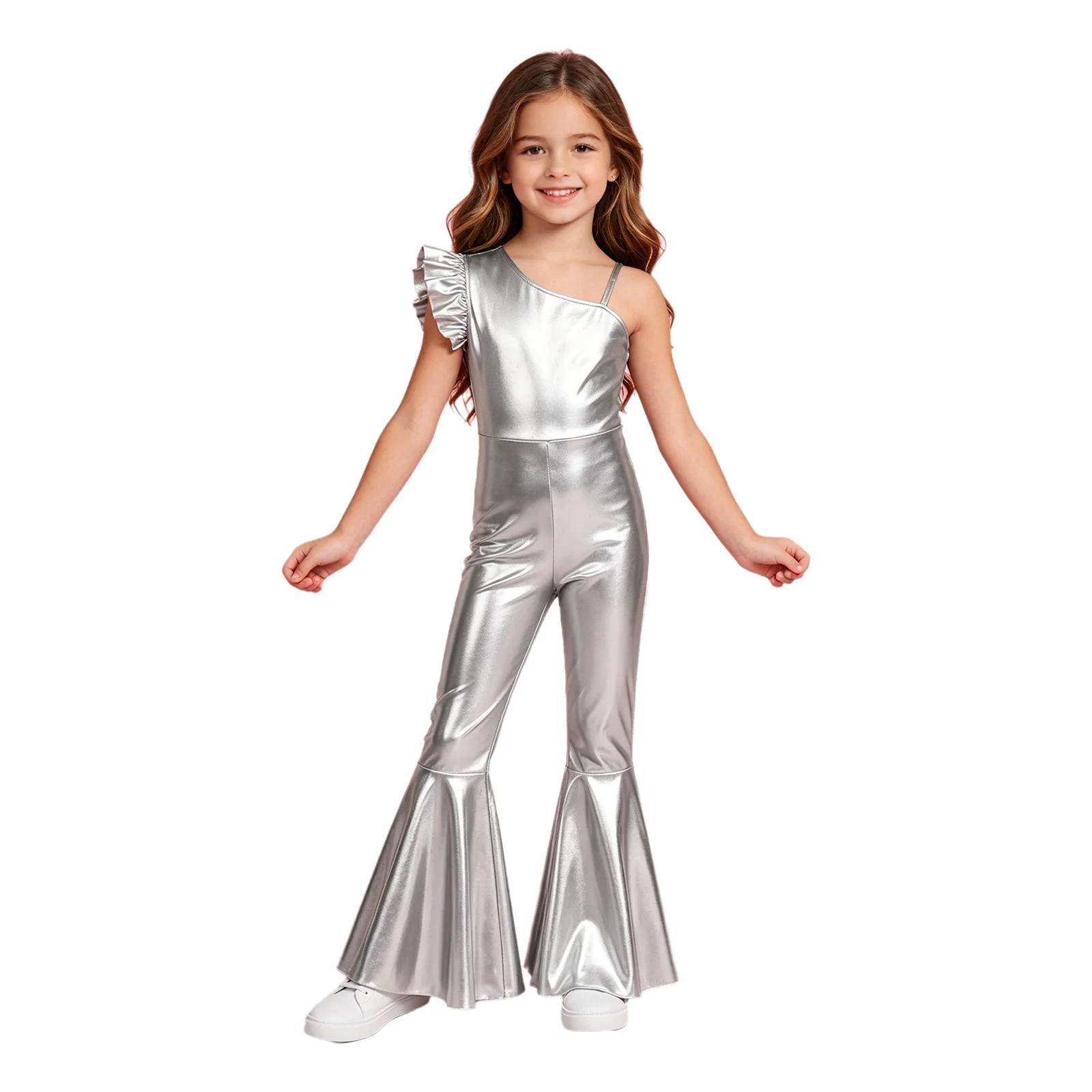 Metallic Shiny 70S Disco Dance Singer Bell-bottom Jumpsuit Kids Girls Theme Party Vintage Hippie Dress Up Costume Dancewear