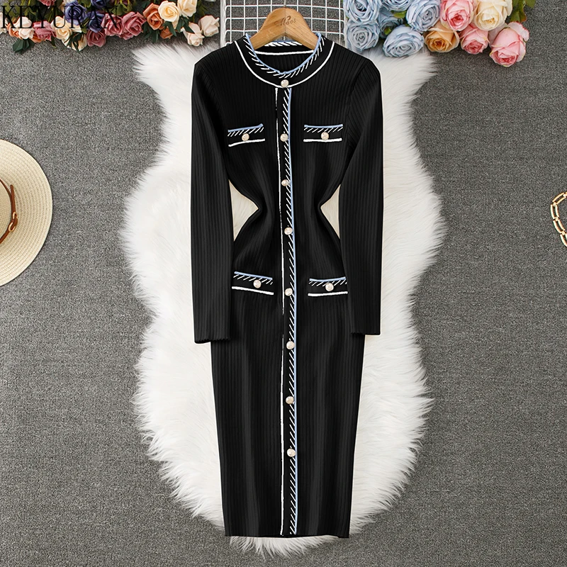 2024 Autumn Winter Elegant Midi Dress Women\'s Vintage Long Sleeve Single Breasted Striped Slim Knitted Dresses Vestidos De Mujer