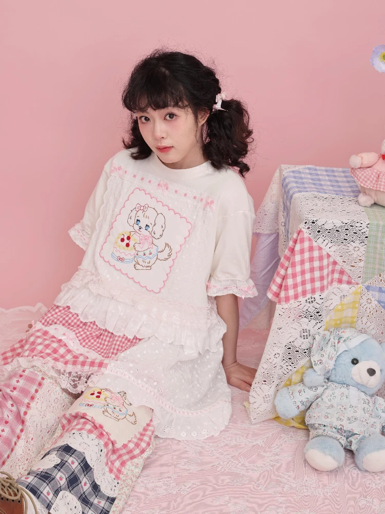 

Sweet Girl Handmade Ree Doll Embroidery Ribbon Lace T-irt Cotton 00% ort Sve round Ne Mid-Length Summer Faion