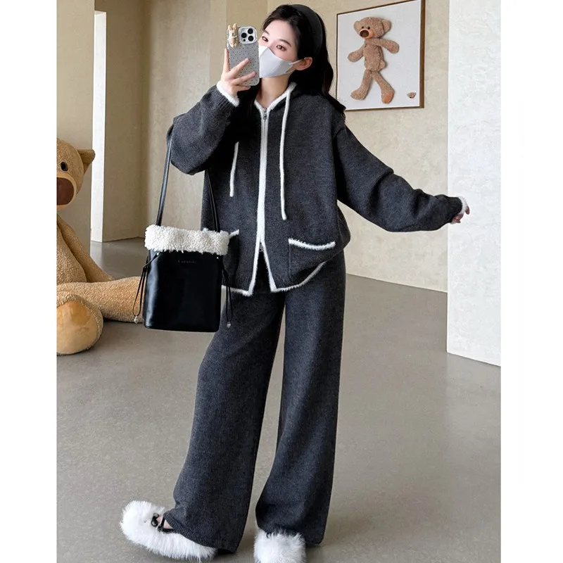 Pantaloni lavorati a maglia Vestito da donna Autunno allentato Colore a contrasto Cerniera con cappuccio Maglione pigro Pantaloni a gamba larga Inverno 2025 Nuovo set a due pezzi