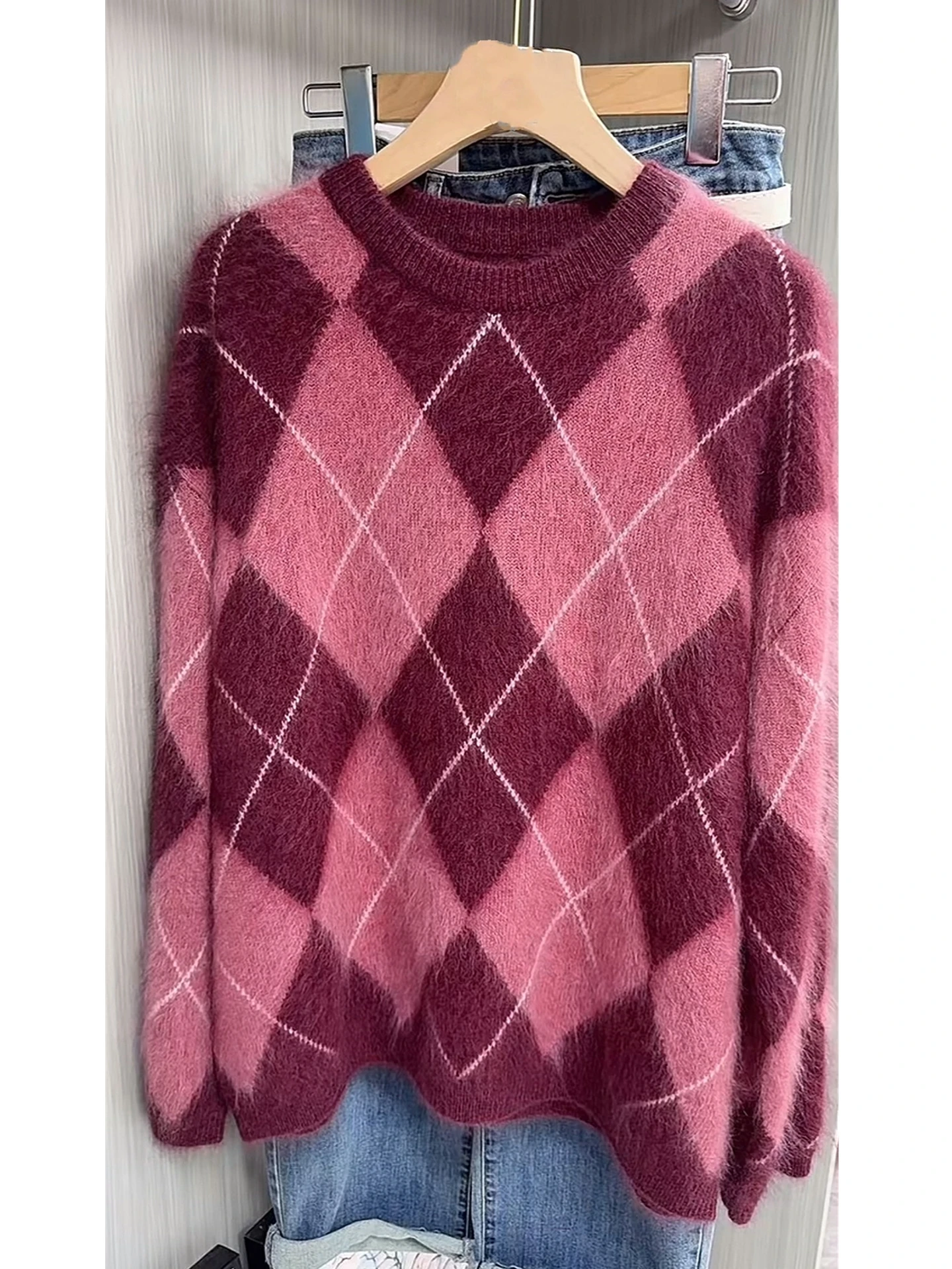 Loose Fit Long Sleeve round Neck Sweater Women's Design Slimming Lazy Top Color Block Diamond Pattern Knittedwear Autumn Winter