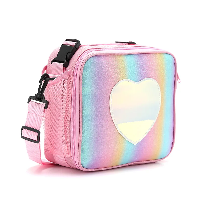 Borse Bento per il pranzo dei bambini color arcobaleno Love Borsa a tracolla quadrata per ragazze portatile carina dei cartoni animati Borse semplici e casual per bambini