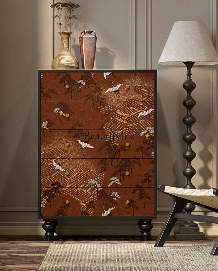 

French Chinese style solid wood crane chest of drawers decorated against the wall storage chest of drawers