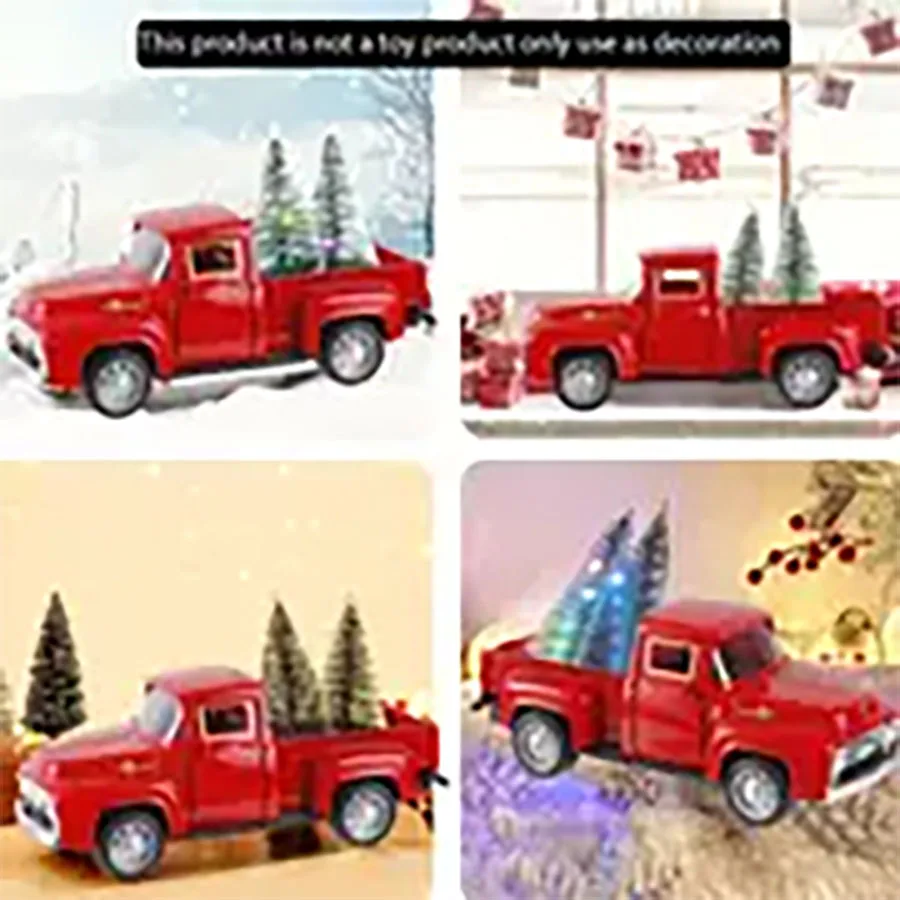 1pc Red Truck Christmas Decor, Vintage Christmas Truck With Mini Christmas Trees For Christmas, Red Metal Pickup Truck Car Model