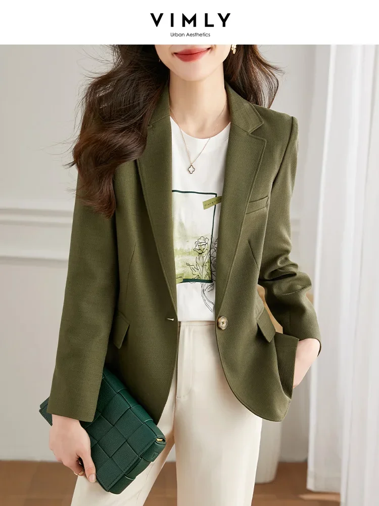 Vimly Professional Work Green Blazers for Women Elegant Stylish 2023 Spring Autumn Notched Neck Long Sleeve Fashion Suit Jacket