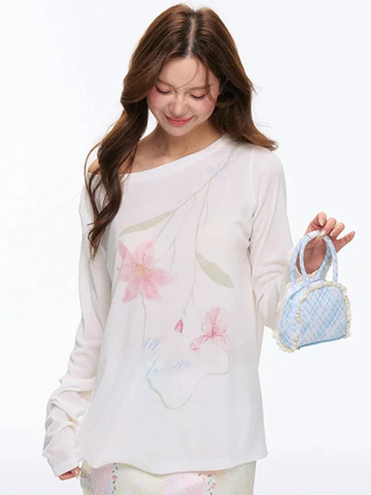 الأمريكية الرجعية ملابس منقوشة بكم طويل تي شيرت المرأة الحلو عادية شفافة تنوعا بلايز الخريف جديد Y2k الجمالية تيز