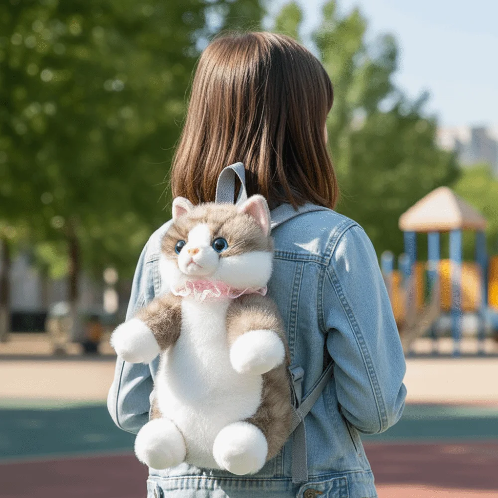 

Cute Soft Realistic Cat Backpack Kawaii Cartoon Simulated Puppet Daypack Fluffy Anime Stuffed Animals School Bag Daily