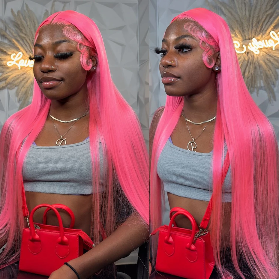 

Ярко-розовые парики из натуральных волос для женщин, прямые, с прозрачной кружевной передней частью 13x6, предварительно прорезанные, бразильские, ярко-розовые, 40 дюймов.