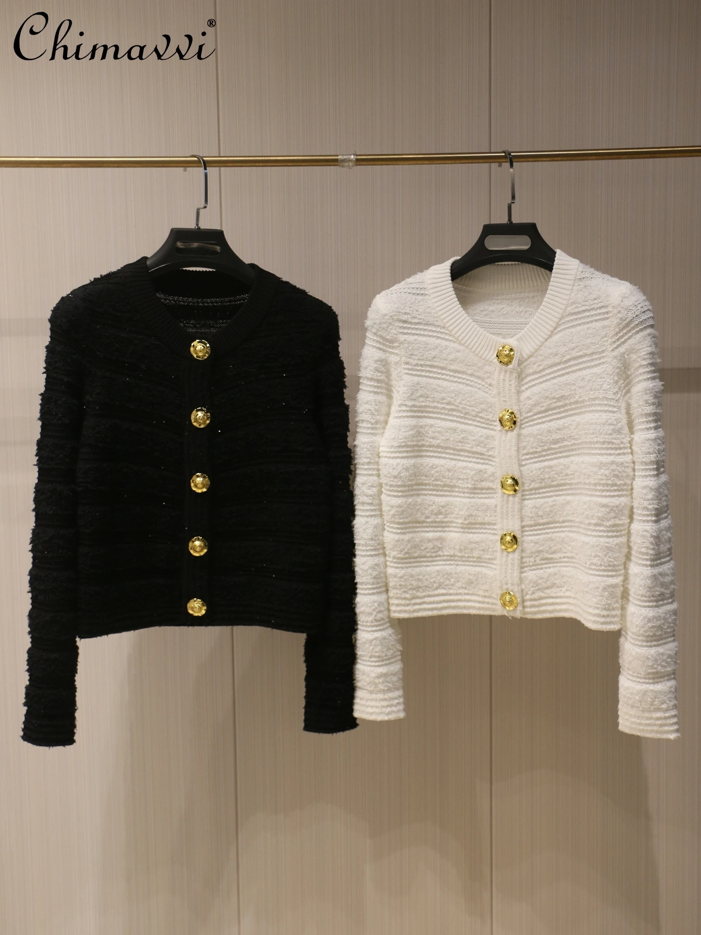 

Autumn Winter New Fashion Metal Button Round Neck Long Sleeve Knitted Sweater Single-Breasted Slim Elegant Women's Cardigan Coat