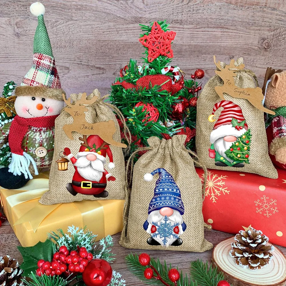 12pcs 13x18cm Christmas Linen Drawstring Gift Bags Burlap Necklace Earring Bracelet Jewelry Storage Pouchs Xmas Gift Packaging