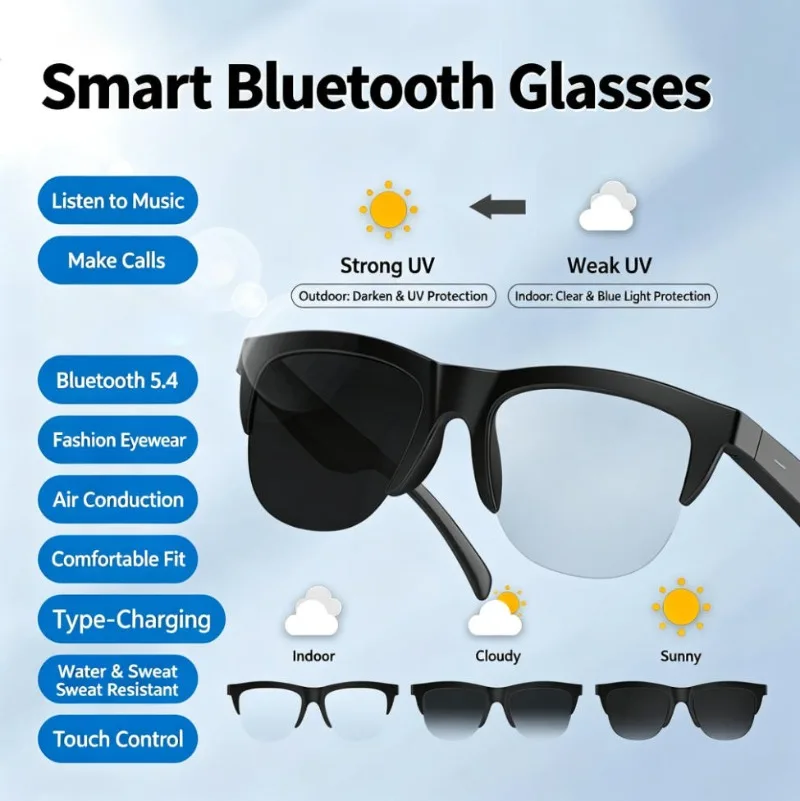 Bluetooth Smart Glasses, Music & Call Support, Polarized Smart Sunglasses with Long Battery Life for Cycling