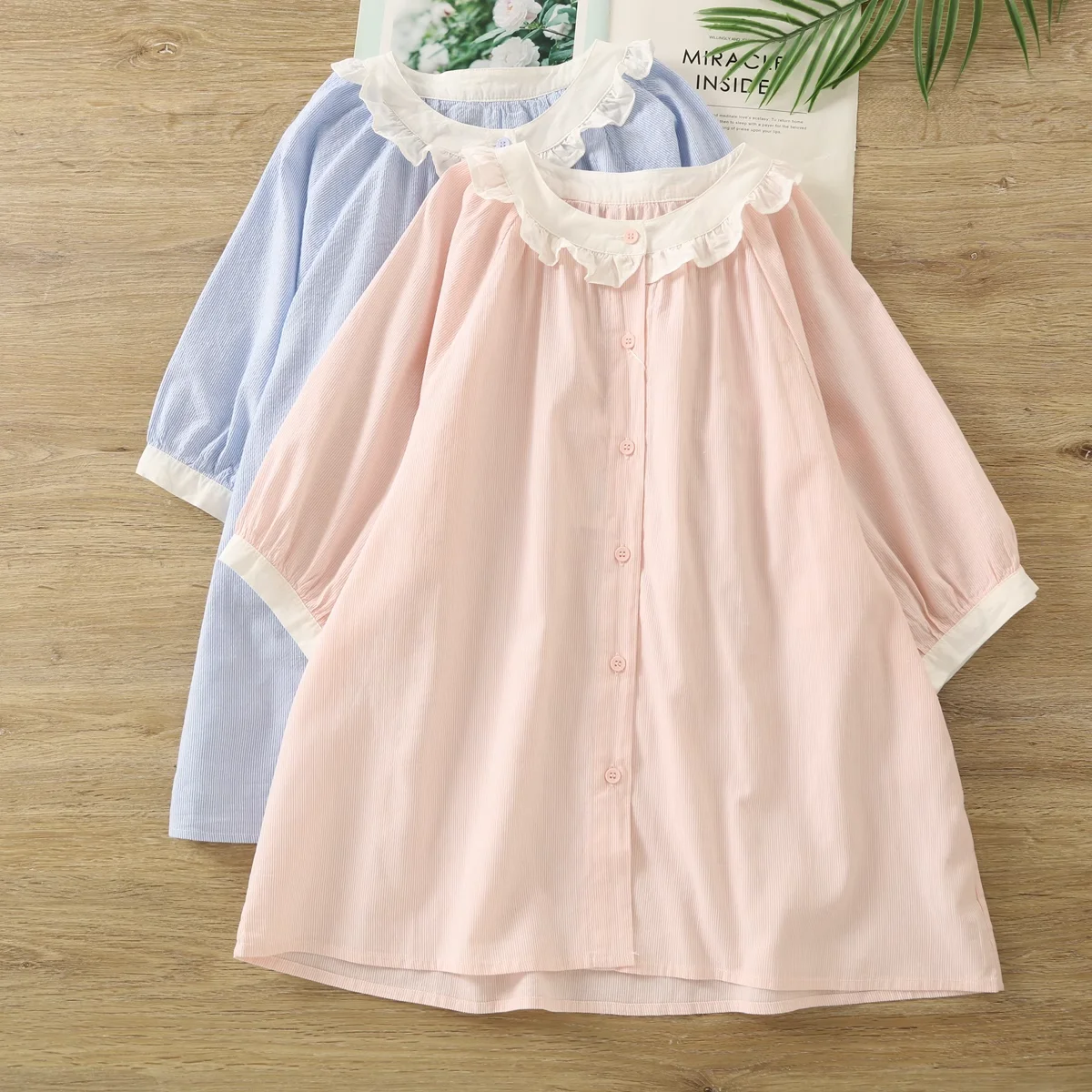 

2025 Summer clothes pure cotton blue pink striped shirts short sleeve blouses for women Korean fashion sweet tops