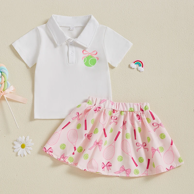 Entzückendes Sportbekleidungsset für Kleinkinder und Mädchen mit niedlichem Tennis-Schleifen-Design, kurzärmligem Reversoberteil und Mini-A-Linien-Rock, 2-teilig