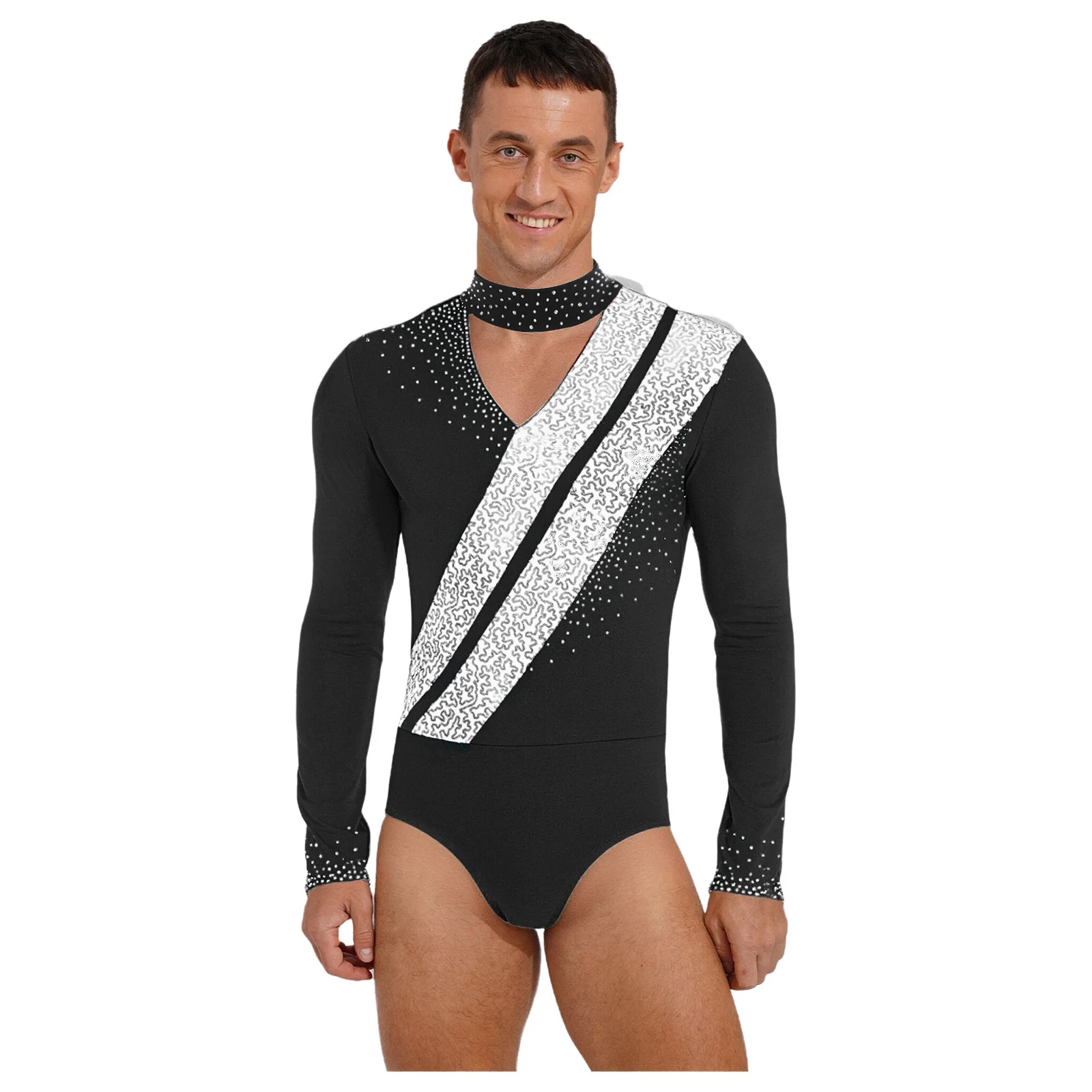 Body d'acrobatie à paillettes scintillantes pour hommes, combinaison de danse latine, Costume de Ballet de patinage artistique, justaucorps de gymnastique à manches longues