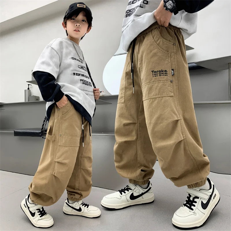 

Boy Cargo Pants Tween Child Streetwear Trendy Japan Style Long Pants Autumn New Item Kid Casual Fashion Daily Bottom Ages 4-14Y