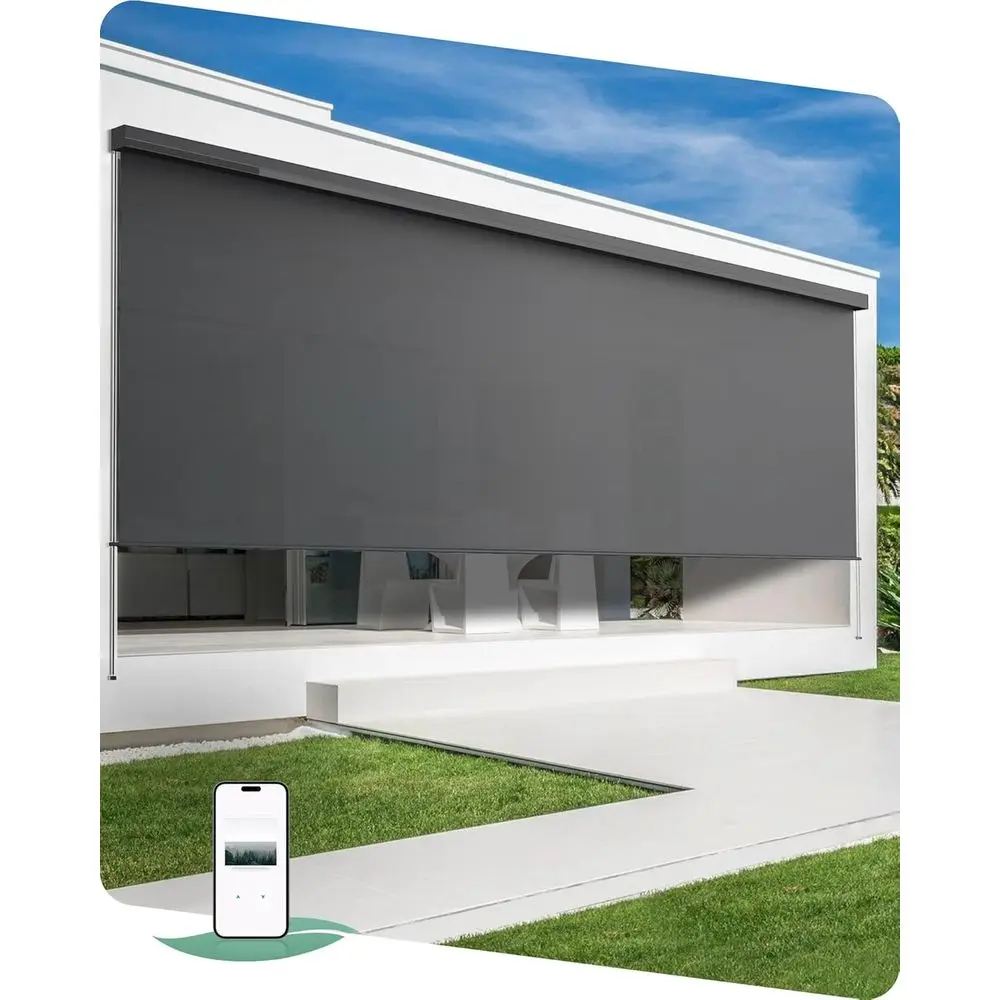 Motorized Outdoor Shades for Patio, 2-16T Wide, Smart Electric Roller Blinds, Custom Sizes, 1% Open Grey