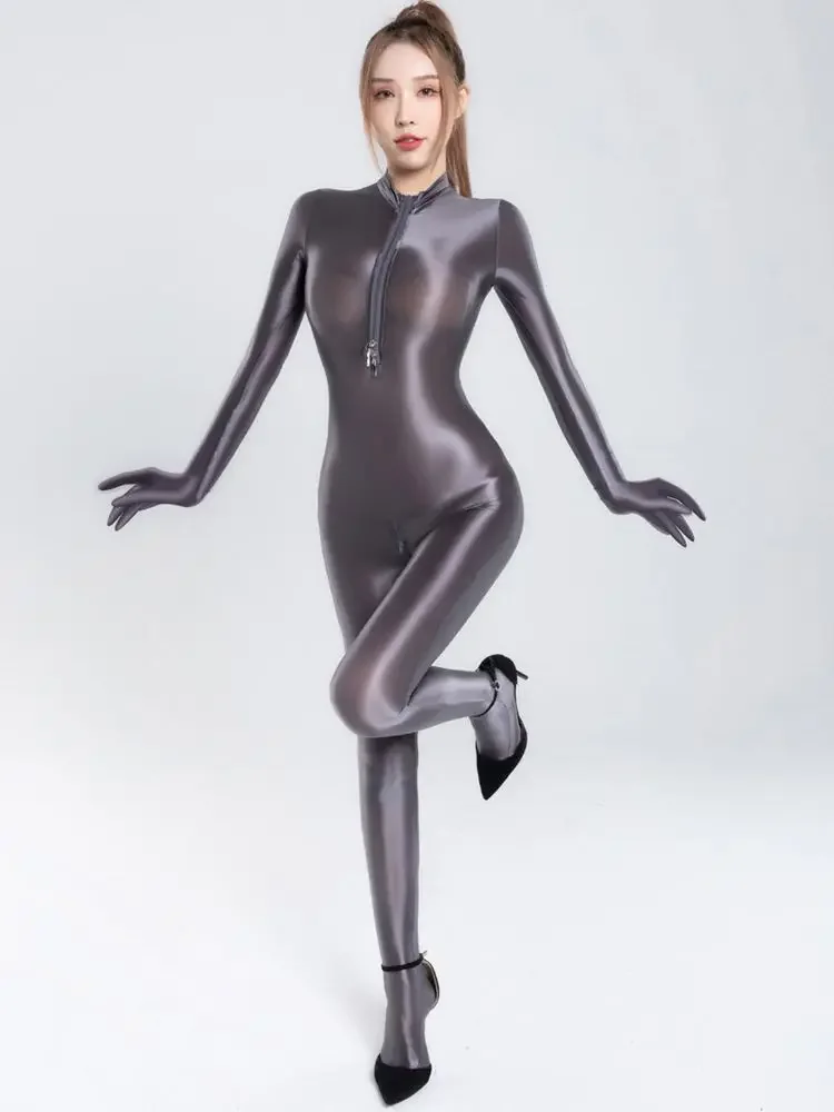 Pantimedias Zentai brillantes para dedo, Body con cremallera, mono con entrepierna abierta, leotardo transparente Sexy, lencería unida, Catsuit