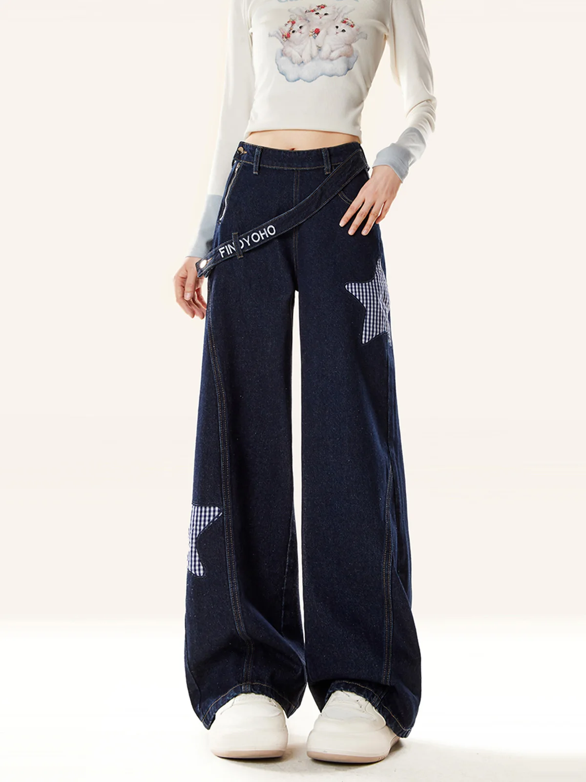 

Джинсы ENJOG American Sle с боковой молнией, дизайном «звезды», свободного кроя, широкие штанины, женские, новинка 2025 года, весна-лето, повседневные, с высокой талией, длинные брюки