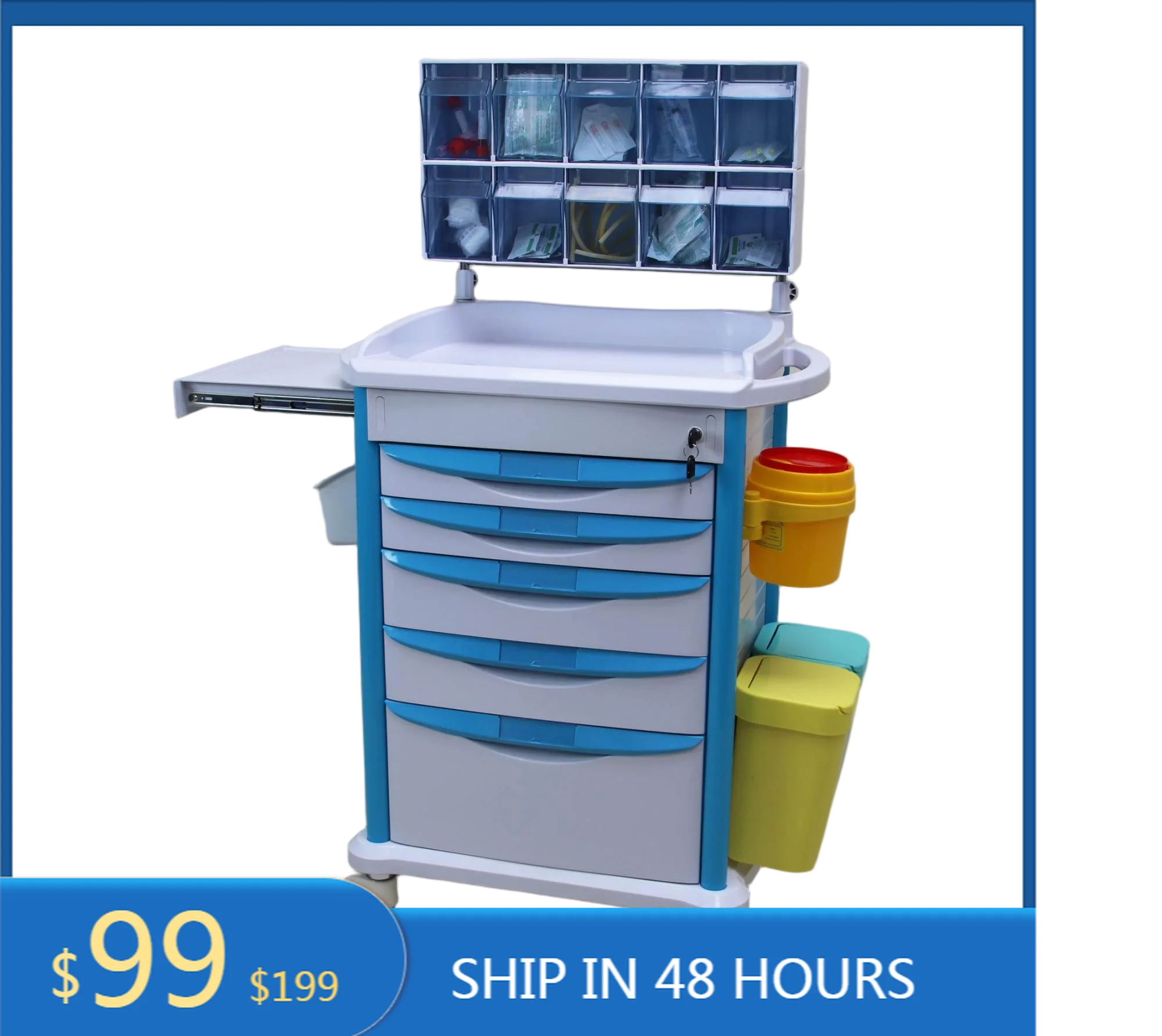 Hospital Furniture Multifunctional Wheeled Emergency Drug Trolley ABS Plastic Metal Construction For Medical Anaesthesia Storage