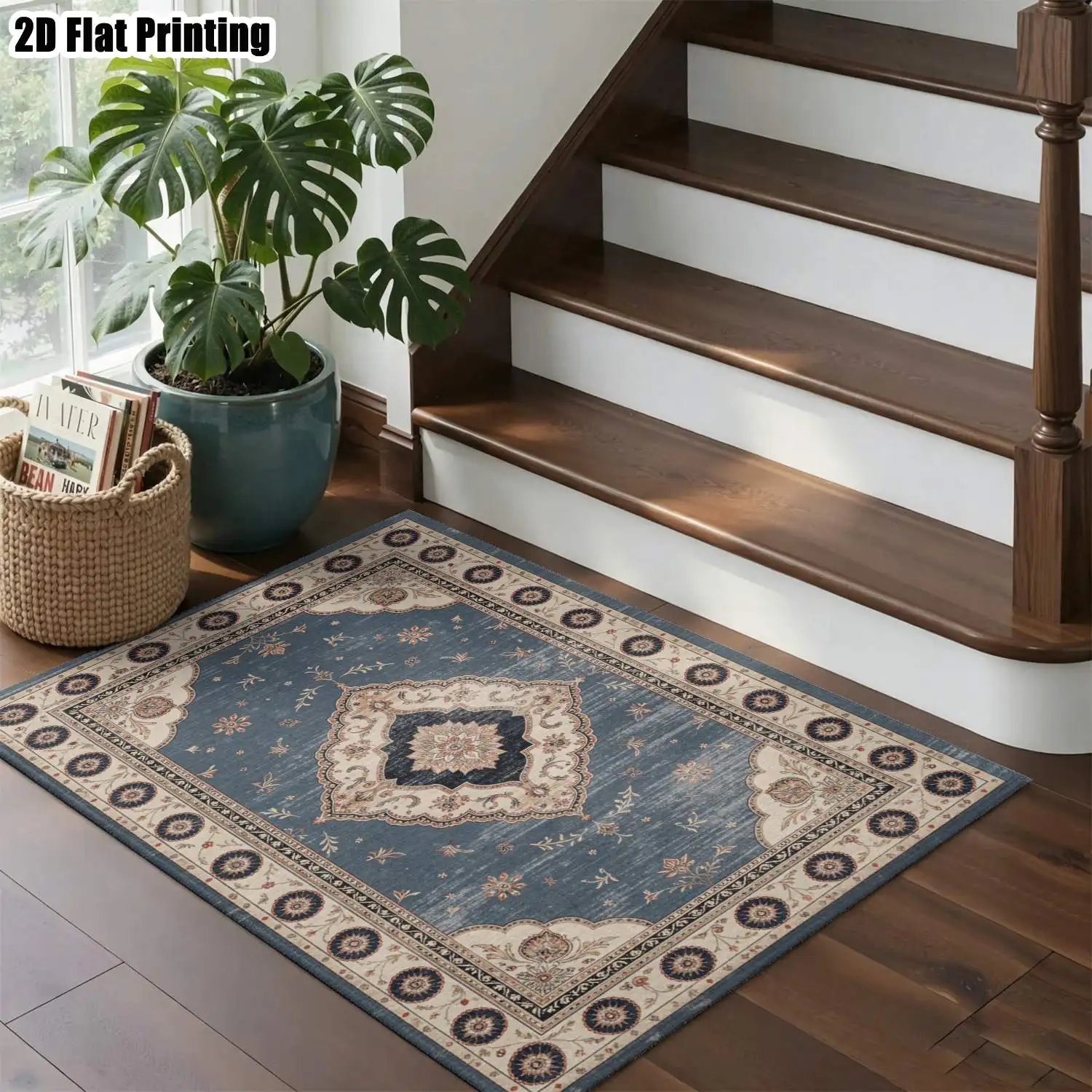 1Pc 2D Printed Carpet: Blue-Grey Retro Geometric, European & Bohemian Style, Home Decor, Multiple Sizes, Machine-Washable, for Entrance, Dining, Foyer, Bedroom, Living Room