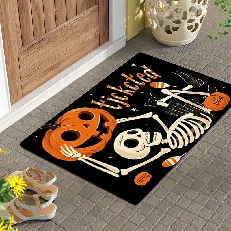 VIKAMA Trick or Treat Halloween Doormat,Non‑Slip Mat,Skeleton Pumpkin Candy Print Carpet for Front Door Porch Holiday Home Decor