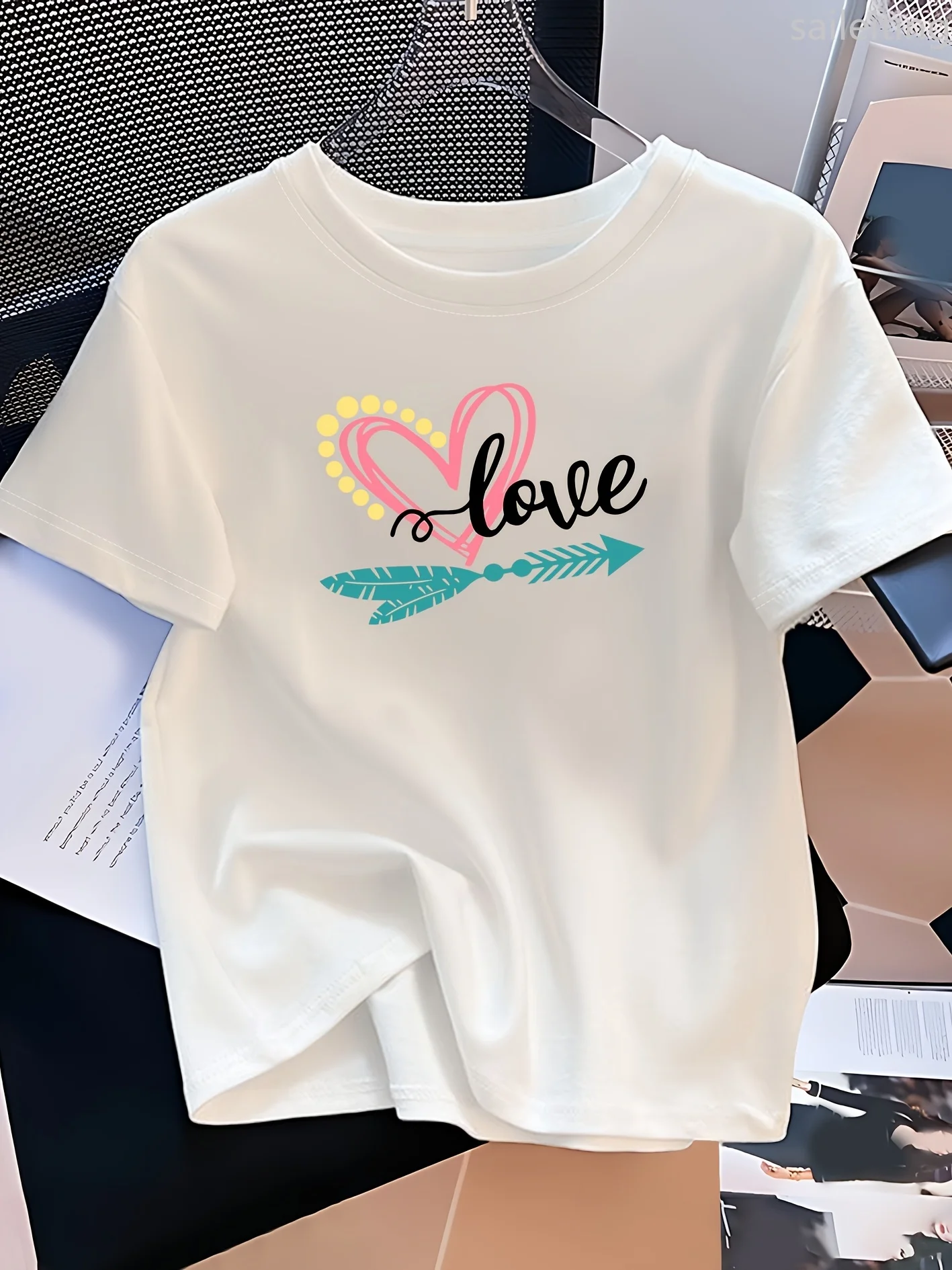 

Women'S Casual Elegant Pink Heart Print T-Shirt Round Neck Summer Short Sleeved Harajuku Streetwear Aesthetic Clothes