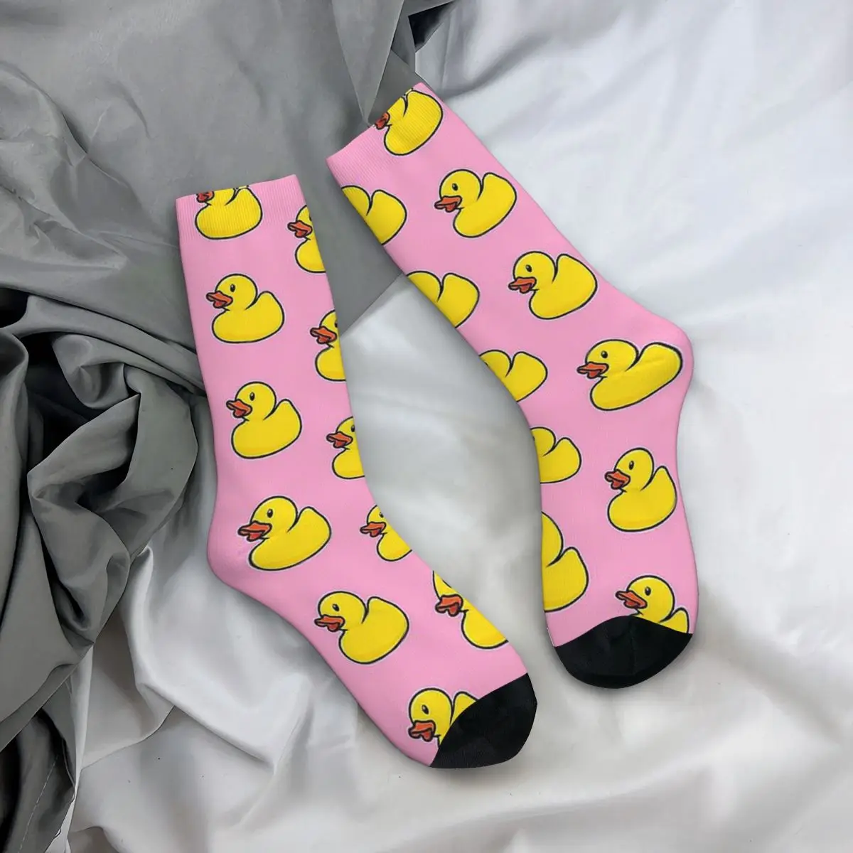 Funny Happy Sock for Men In Pastel Pink Vintage Rubber Duck Bath Toy Yellow Cute Quality Pattern Printed Crew Sock Seamless Gift