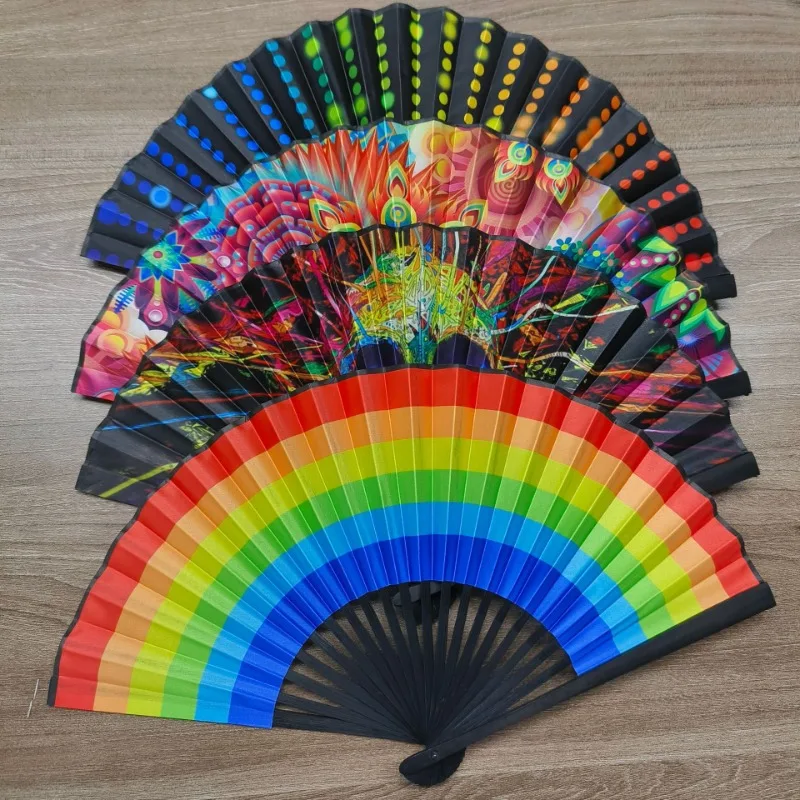 23cm Chinese Style Folding Fan Print Black Bamboo Bone Hand Fans Rainbow Fanning Handheld Fan Festival Performance Dance Fans