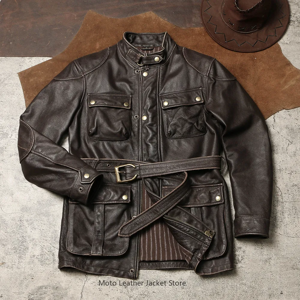 Retro British M65 Field Genuine Leather Jacket, Mid Long Washed Distressed Design, Multi Pocket Cowhide Moto Trench Coat