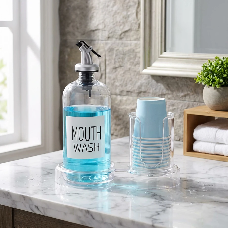 Mundwasser-Spender aus Kunststoff mit Becherhalter, Transparente Mundwasser-Pumpflasche mit Ablage für Badezimmer-Organizer, Mundwasser-Behälter