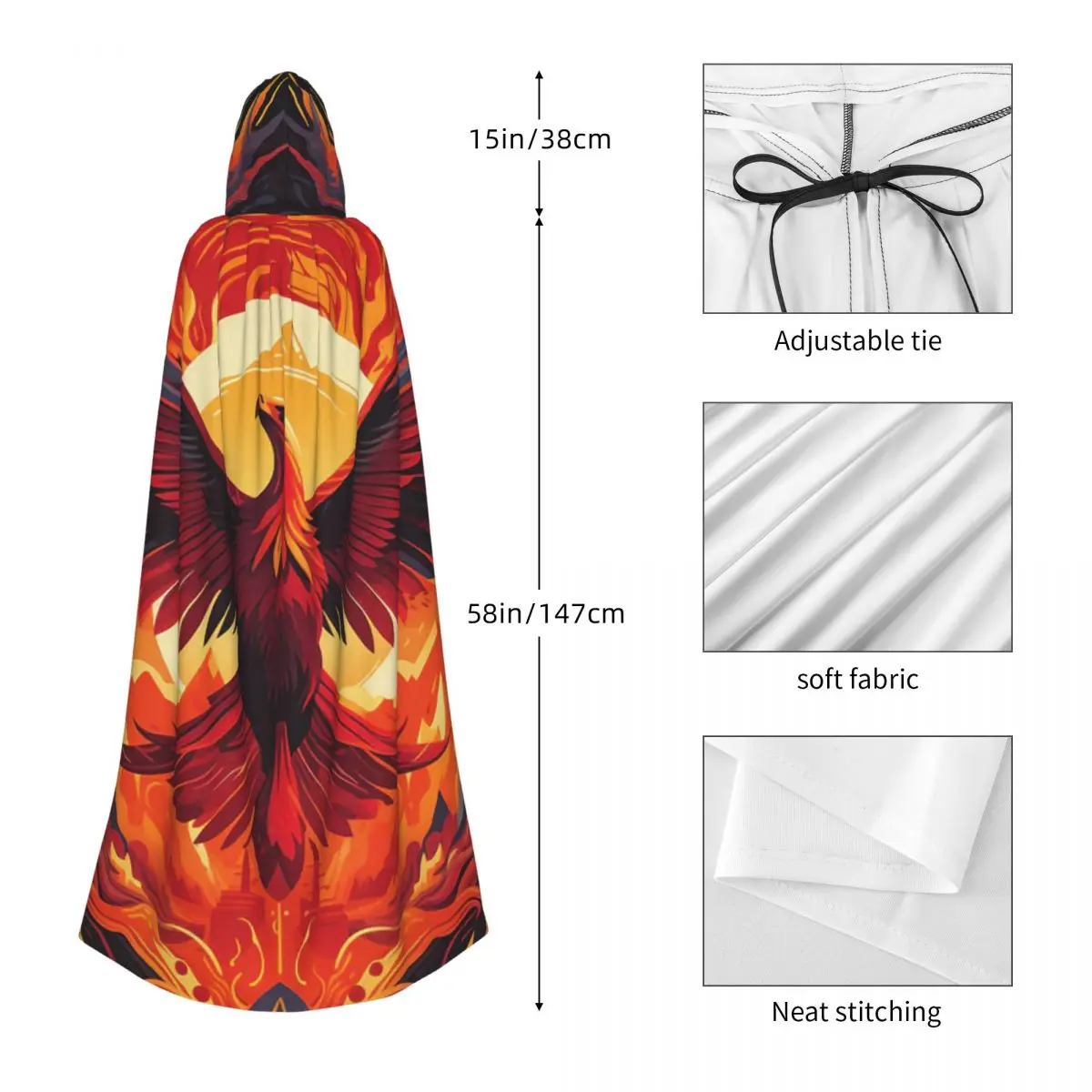 フェニックス 神話上の鳥 火の翼を持つ 長いフード付きマント 魔女 中世の衣装 コスプレケープ ハロウィンヴァンパイア 大人用 ユニセックス