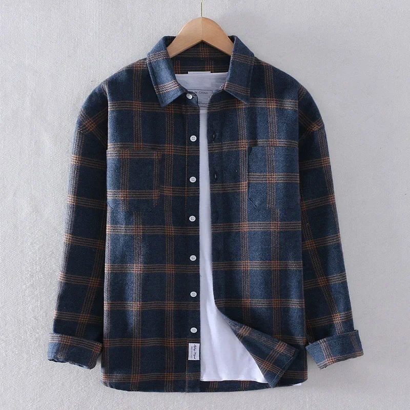 

Schinteon Men Autumn Sanding Plaid Shirt Long Sleeves Casual Winter Bottoming Shirt Turn-down Collar Top Quality Fashion