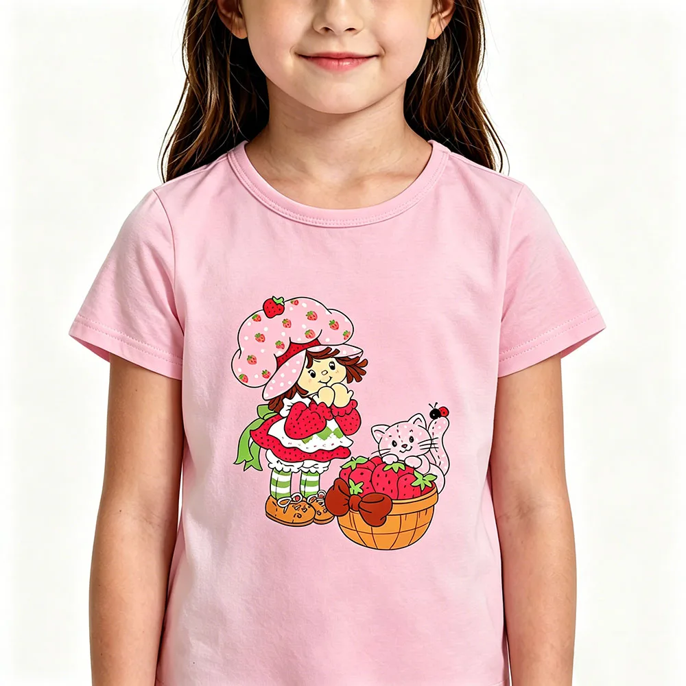 100% Cotton Strawberry Shortcake Children's T-Shirt Retro Anime Print Tees Cute Short Sleeved Casual O-Neck Kids Tops  Camisetas