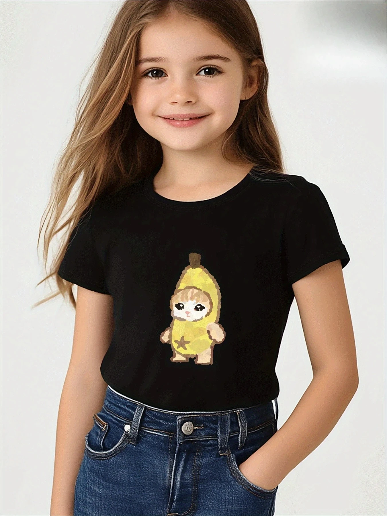 Adorable Banana Cat Print Pink Short Sleeve Girls' round Neck Shirt Cute Summer Casual Crew Neck Tee with Fun Cartoon Design