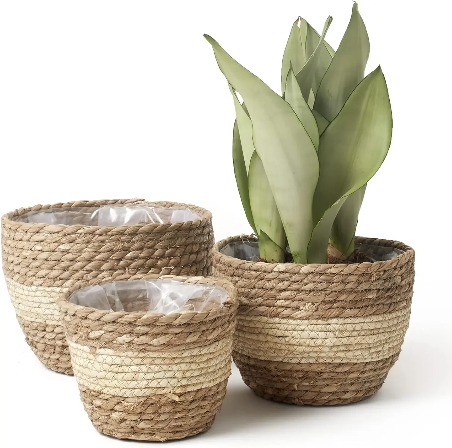 1/2Pcs Seagrass Planter Basket Indoor Outdoor Flower Pots Cover Plant Containers Beige Woven Pot for Home Office Garden Decor