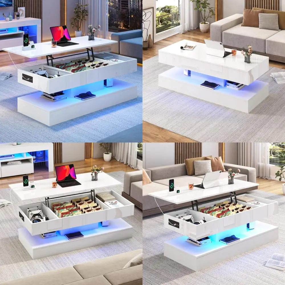 

Современный глянцевый светодиодный журнальный столик с выдвижным ящиком для хранения вещей для гостиной, белый цвет с большой подъемной столешницей 47,2 дюйма
